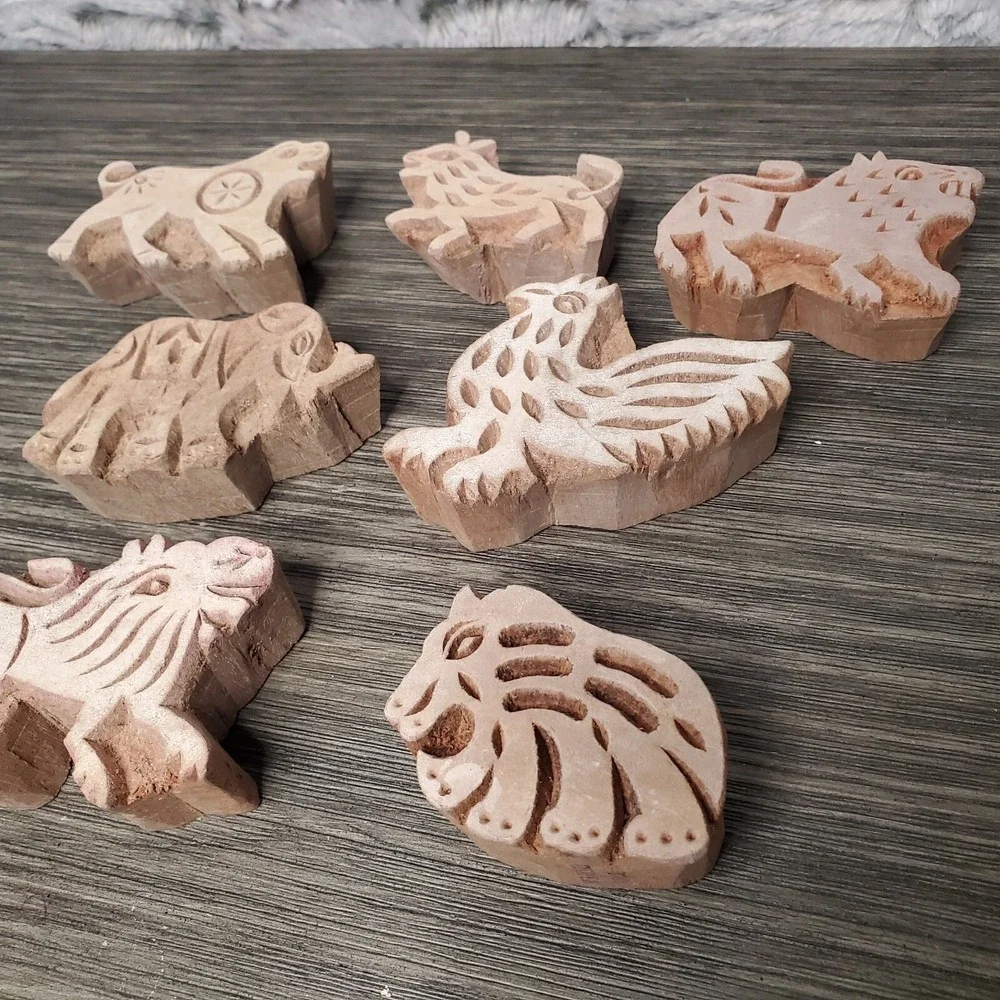 Lot of 7 Carved Animal Wooden Block Figures Wolf Boar Bird Elephant Detailed